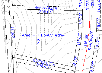 Lot plan with bearings, distances, area label and contours